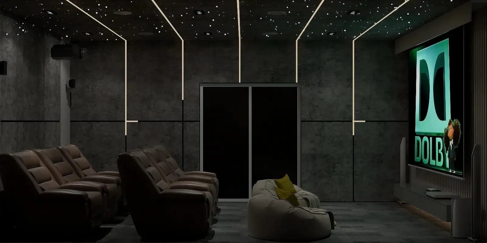 Dolby home theatre with a fibre-optic starry ceiling between linear LED light lines