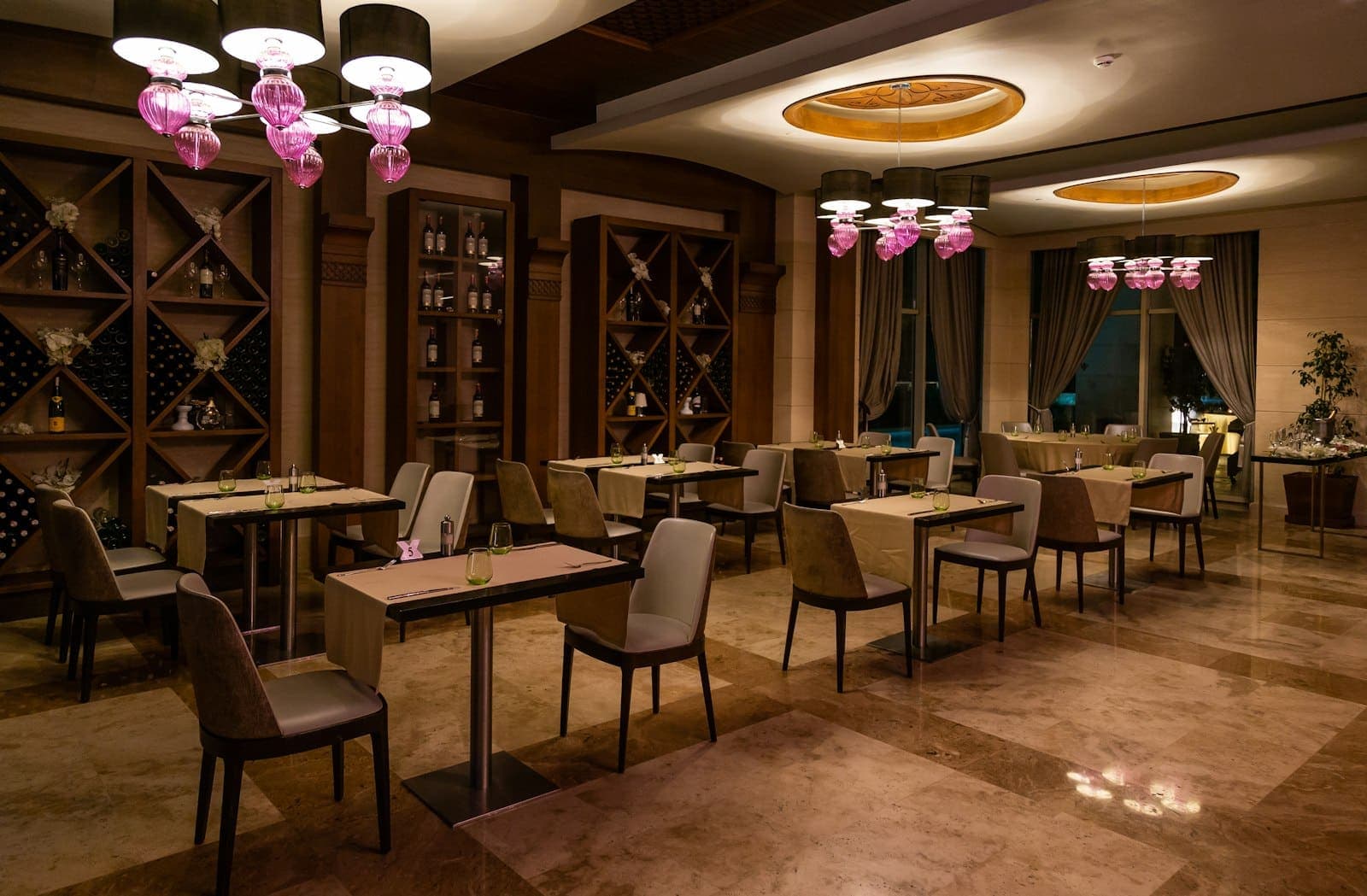Restaurant interior in the evening with warm pendant lighting