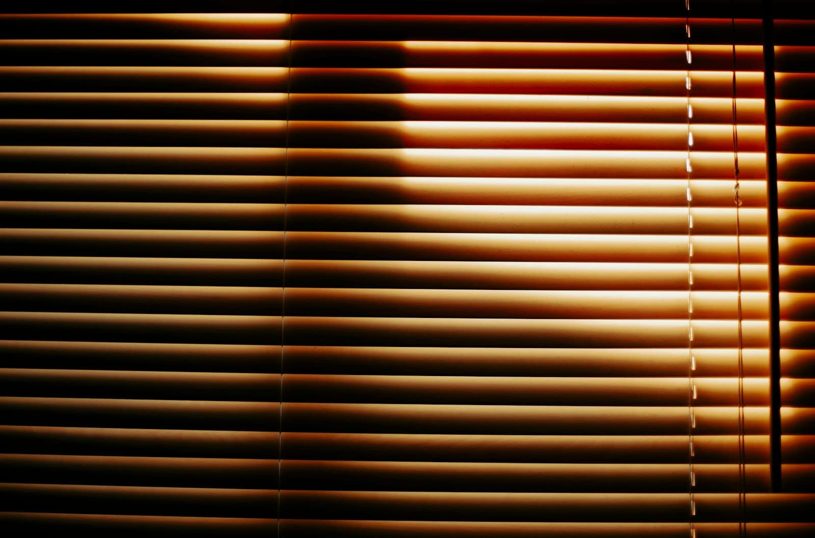 Warm evening light streaming through horizontal window blinds