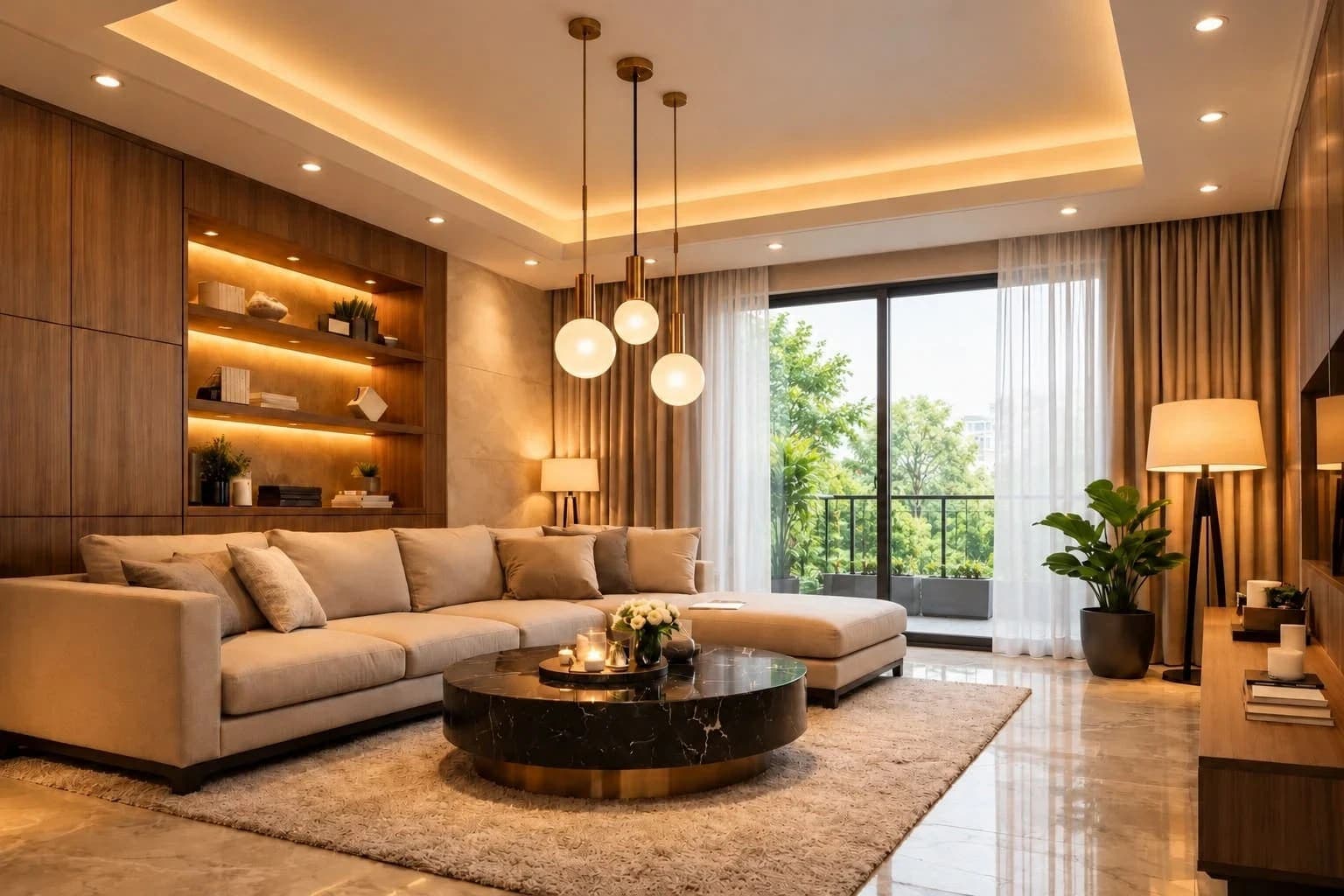 Living room with a warm ceiling cove, downlights, three glass pendants, lit shelves, lamps and sheer curtains