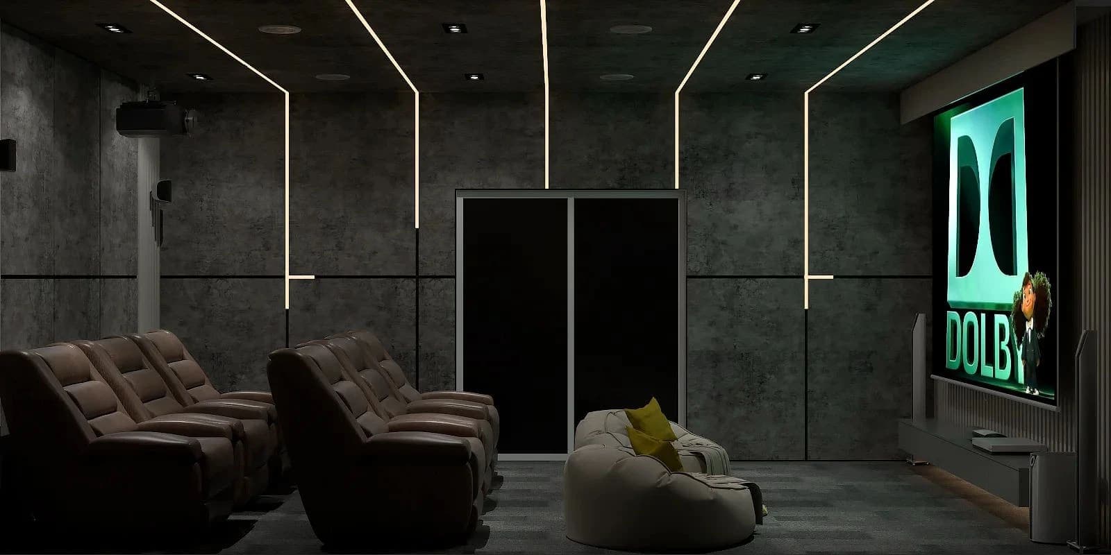 Dark home theatre with linear ceiling light lines, leather recliners and a Dolby screen